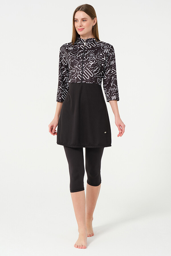 Kısa Kollu Taytlı Likralı Truvakar Kol Yarı Kapalı Mayo 2311 Siyah - Thumbnail