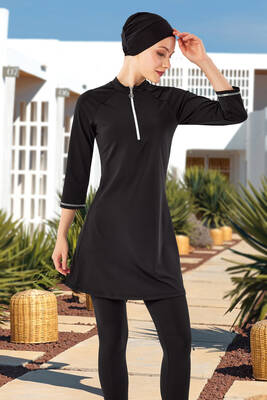 Adasea - Kısa Kollu Taytlı Likralı Truvakar Kol Yarı Kapalı Mayo 2600 Siyah