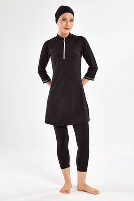 Adasea - Kısa Kollu Taytlı Likralı Truvakar Kol Yarı Kapalı Mayo 2600 Siyah (1)