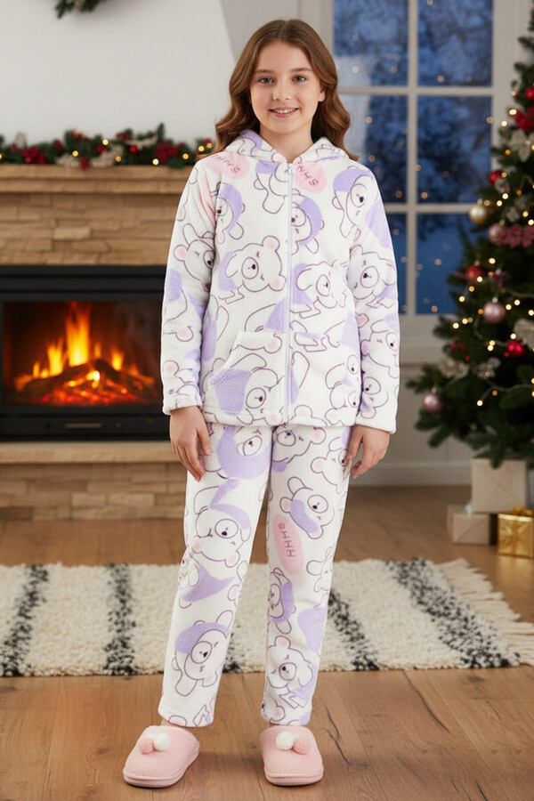 Kız Çocuk Kadife Polar Ayıcık Desen Pijama Takımı 240525 Ekru02 - Thumbnail