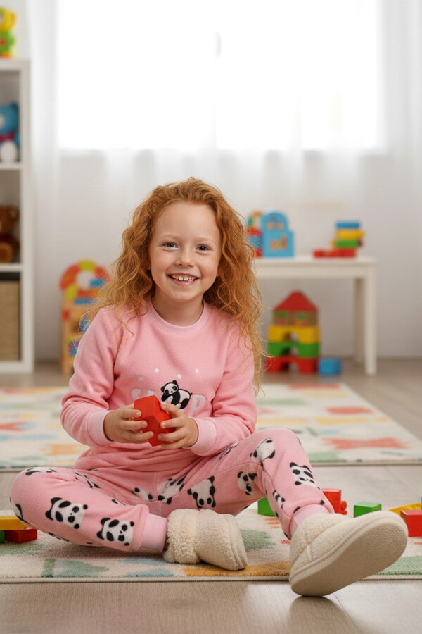 Kız Çocuk Kadife Polar Desenli Pijama Takımı 1679 Pembe02 - Thumbnail