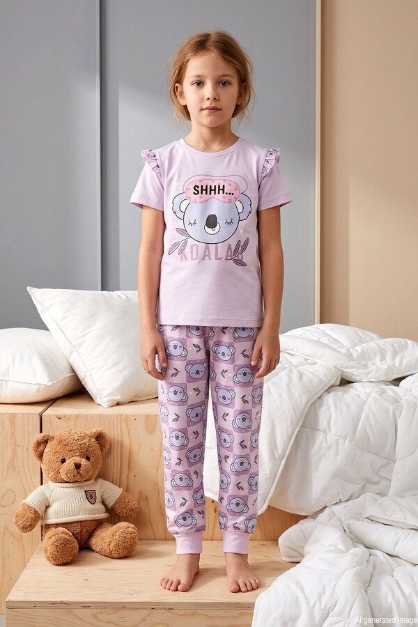 Kız Çocuk Kısa Kol Baskılı Penye Pijama Takımı 2624 Pudra01 - Thumbnail