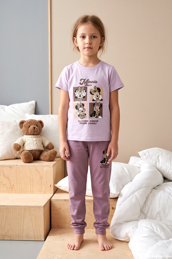 Remsa - Kız Çocuk Kısa Kol Baskılı Penye Pijama Takımı 3007 Lila (1)