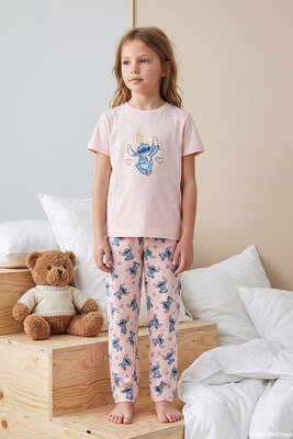 Remsa - Kız Çocuk Kısa Kol Baskılı Penye Pijama Takımı 6572 Pudra (1)