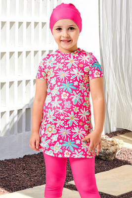 Maresiva - Kız Çocuk Kısa Kollu Taytlı Likralı Yarı Kapalı Mayo 2904 Pembe Maresiva - Kız Çocuk Kısa Kollu Taytlı Likralı Yarı Kapalı Mayo 2904 Pembe