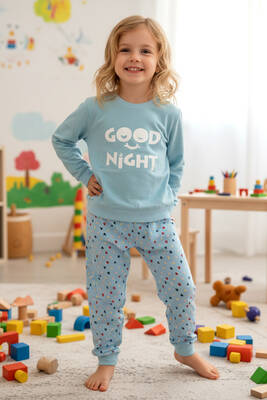 Aydoğan - Kız Çocuk Pamuklu Desenli Pijama Takımı 250575 Mavi02
