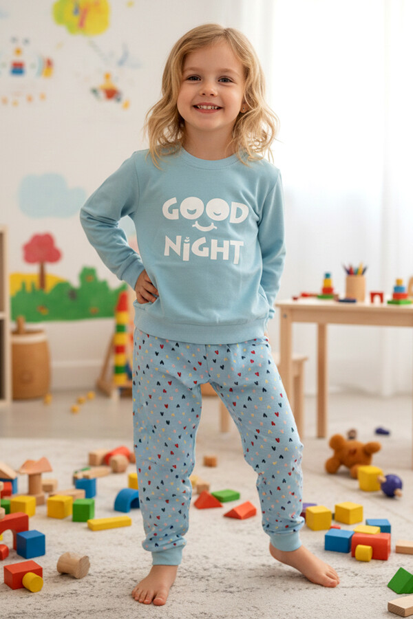 Kız Çocuk Pamuklu Desenli Pijama Takımı 250575 Mavi02 - Thumbnail