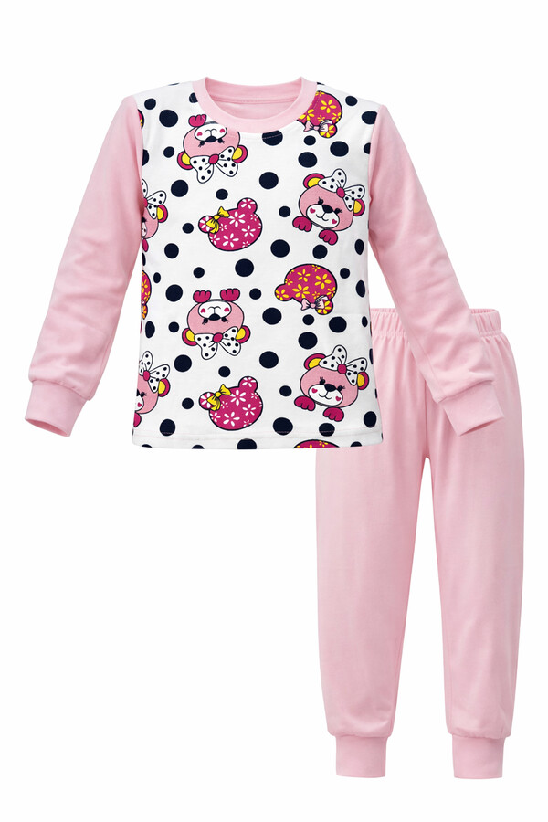 Kız Çocuk Pamuklu Desenli Pijama Takımı 6068-12 Toz Pembe - Thumbnail