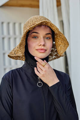 Remsa - Kurdele Detay El Örgüsü Hasır Şapka RŞ-2102 Camel01