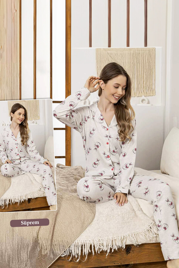 Ladies Bunny Print Button-Front Pajama Set 0371 Taupe - Thumbnail