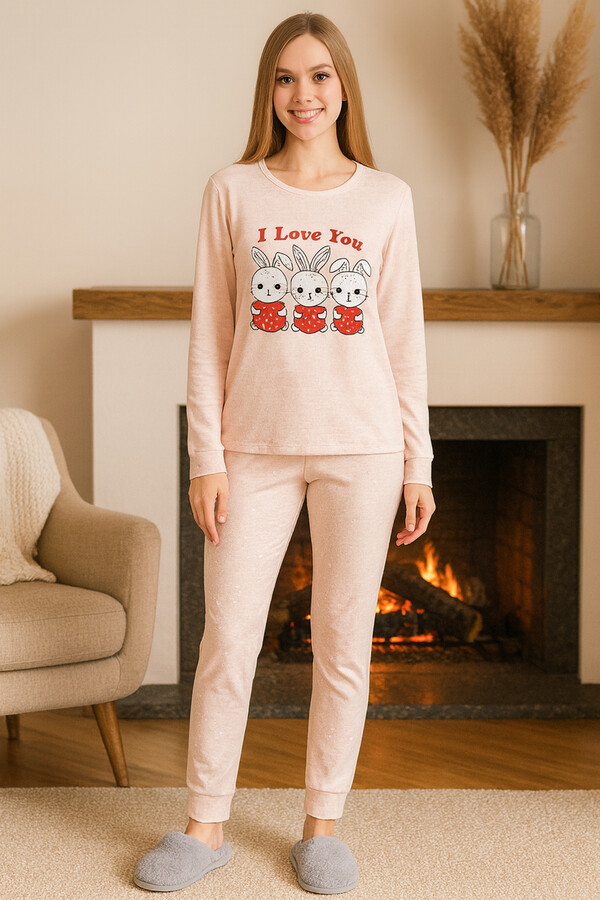 Ladies' Bunny Print Supreme Pajama Set 0497 Powder Pink - Thumbnail