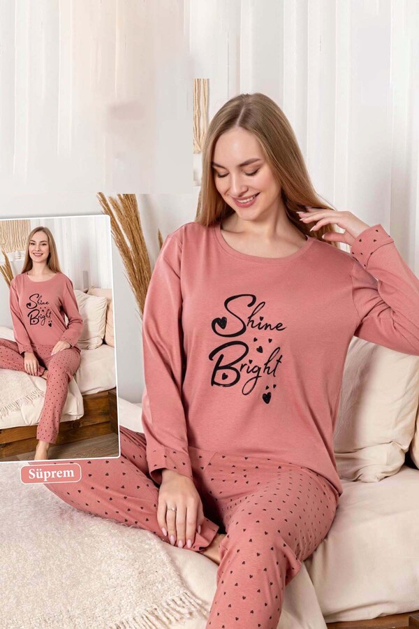 Ladies' Heart Print Suprem Pajama Set 0462 Pink04 - Thumbnail