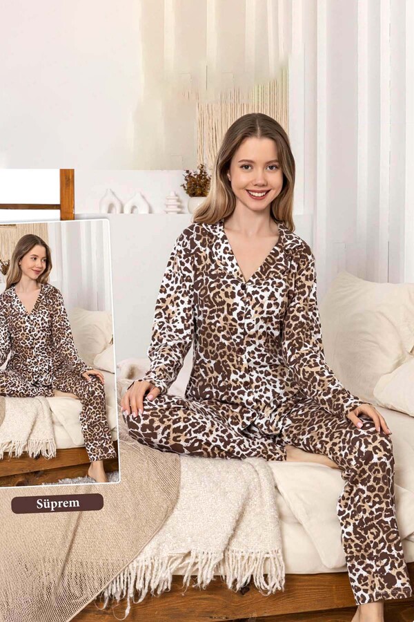 Ladies Leopard Print Button-Front Pajama Set 0397 Brown - Thumbnail