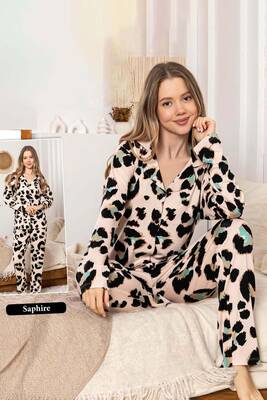 Remsa - Ladies Leopard Print Button-Up Sapphire Pajama Set 0368 Taupe Pink (1)