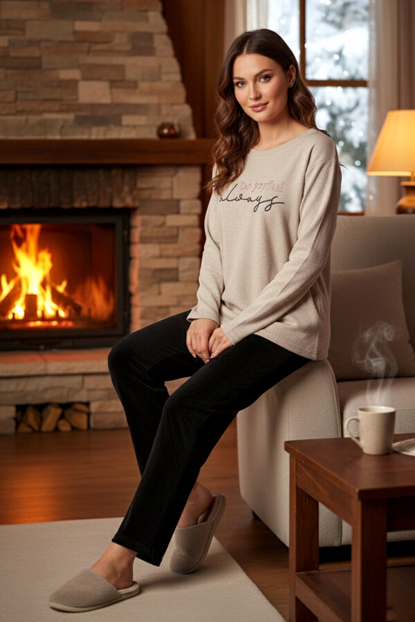 Ladies' Selanik Woven Pajama Set 407 Taupe - Thumbnail