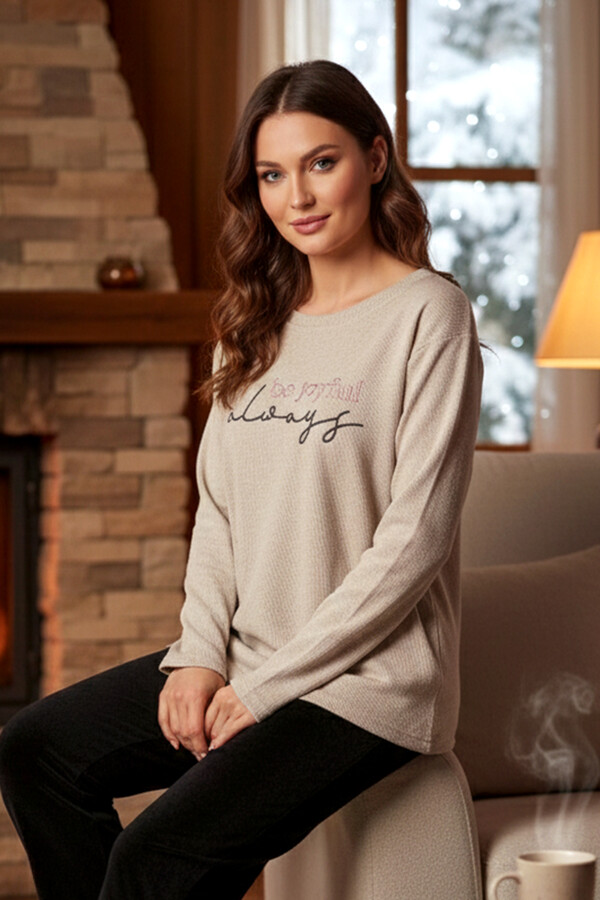 Ladies' Selanik Woven Pajama Set 407 Taupe - Thumbnail