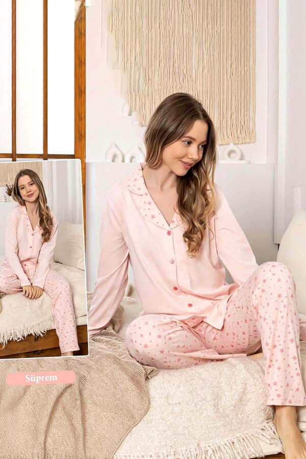 Ladies Star Print Button-Front Pajama Set 0350 Pink03 - Thumbnail