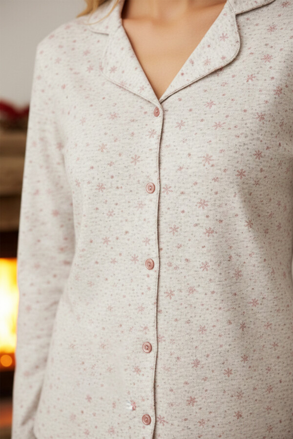 Ladies Star Print Button-Front Pajama Set 0517 Taupe08 - Thumbnail