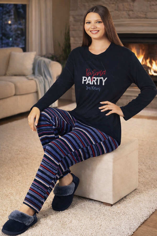 Ladies' Thermal Long Sleeve Pajama Set 4709 Navy - Thumbnail