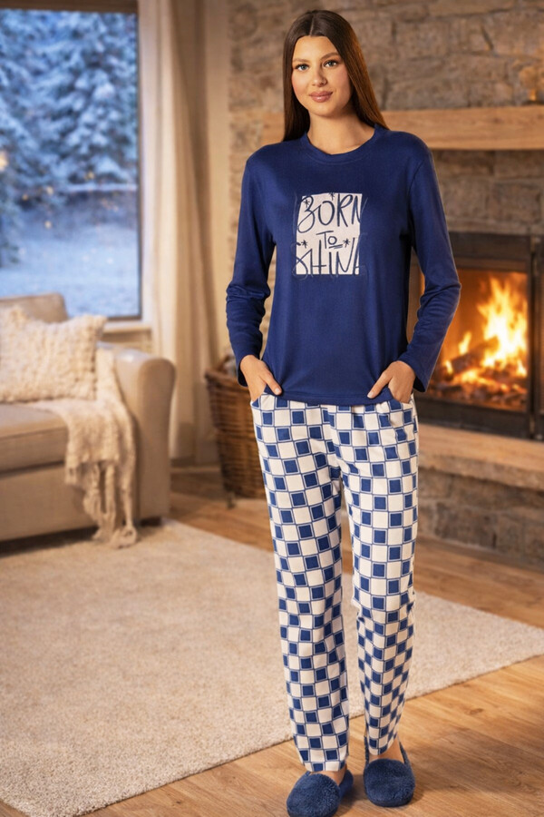 Ladies' Thermal Long Sleeve Pajama Set 4714 Navy - Thumbnail