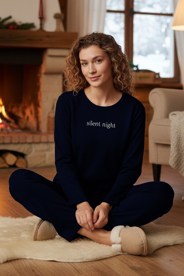 Ladies Velvet Pajama Set in Navy - Thumbnail
