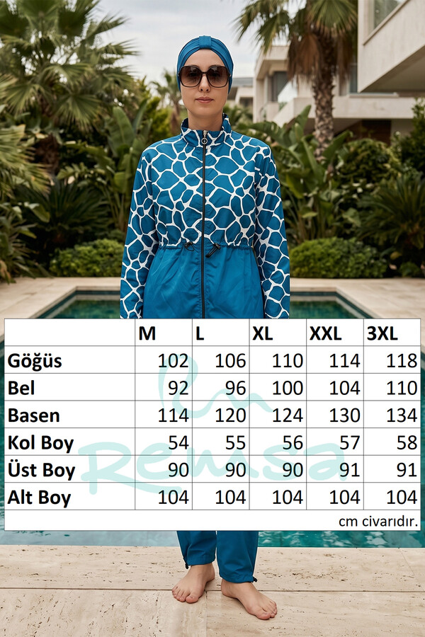 Large Print Full-Cover Modest Swimwear Set in Petrol Blue and White - Thumbnail