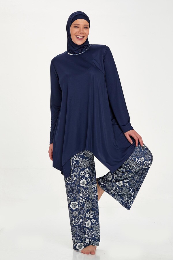 Large Size Lycra Fully Covered Hijab Swimsuit Wide Leg Rozamay Dorothy 9242 Dark Navy Blue - Thumbnail