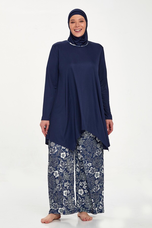 Large Size Lycra Fully Covered Hijab Swimsuit Wide Leg Rozamay Dorothy 9242 Dark Navy Blue - Thumbnail