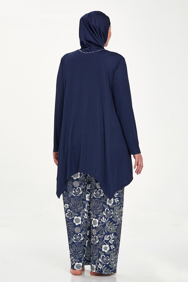 Large Size Lycra Fully Covered Hijab Swimsuit Wide Leg Rozamay Dorothy 9242 Dark Navy Blue - Thumbnail