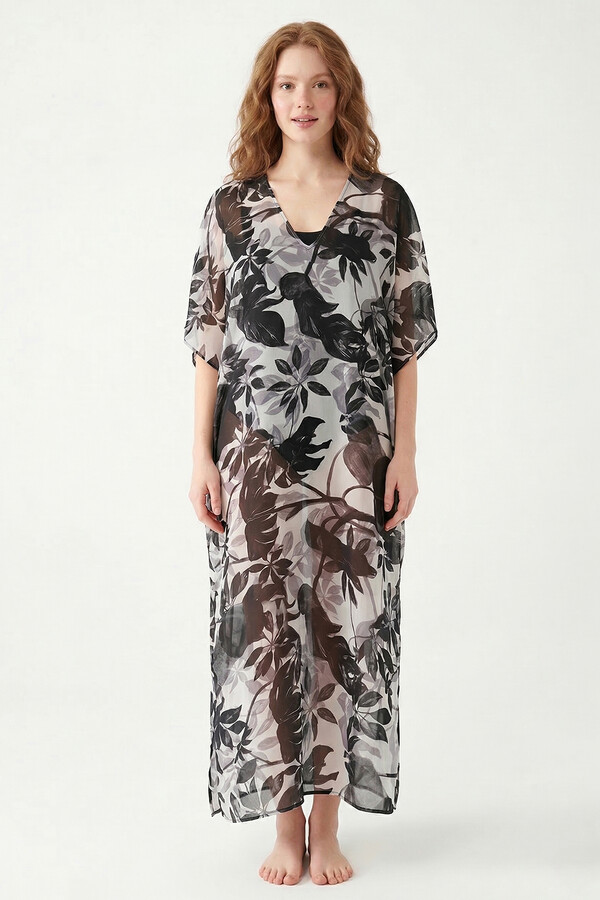 Leaf Print Kaftan Pareo for Modest Swimwear - Thumbnail