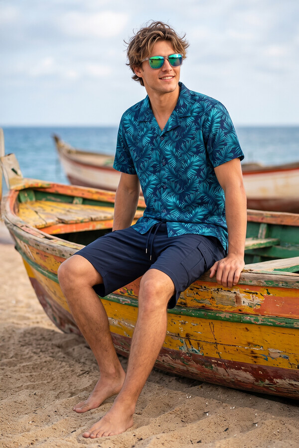 Leaf Print Short Sleeve Beach Shirt - Thumbnail
