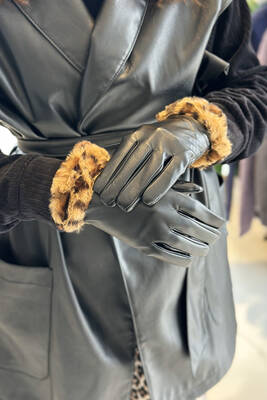 Remsa - Leopard Plush Detail Women's Leather Gloves ELD-27 Black