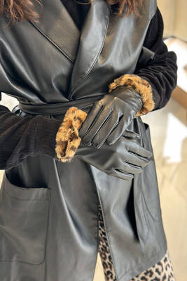 Remsa - Leopard Plush Detail Women's Leather Gloves ELD-27 Black (1)