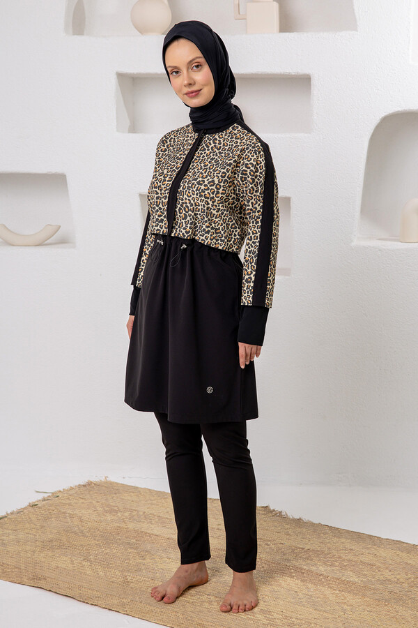 Leopard Print Full-Cover Swimwear Set with Tunic and Head Covering - Thumbnail