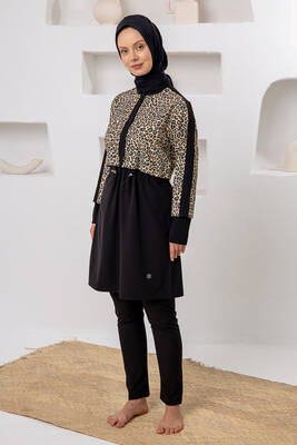 Adasea - Leopard Print Full-Cover Swimwear Set with Tunic and Head Covering