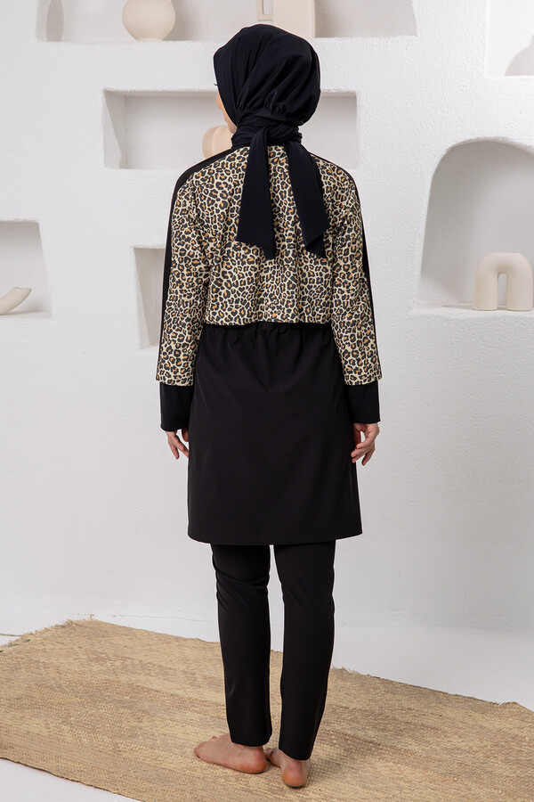 Leopard Print Full-Cover Swimwear Set with Tunic and Head Covering - Thumbnail