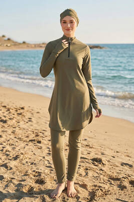 Haliç Mayo - Likralı Yarım Fermuarlı Bilek Geçirme Detay Tam Kapalı Tesettür Mayo 6174 Haki