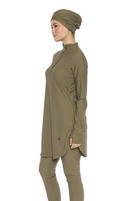 Haliç Mayo - Likralı Yarım Fermuarlı Bilek Geçirme Detay Tam Kapalı Tesettür Mayo 6174 Haki (1)