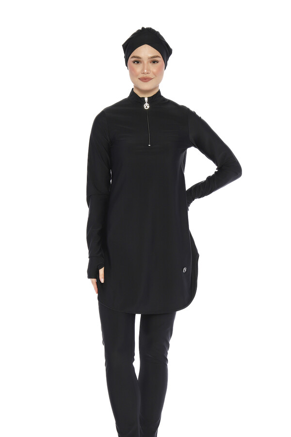 Likralı Yarım Fermuarlı Bilek Geçirme Detay Tam Kapalı Tesettür Mayo 6174 Siyah01 - Thumbnail