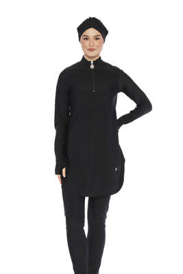 Haliç Mayo - Likralı Yarım Fermuarlı Bilek Geçirme Detay Tam Kapalı Tesettür Mayo 6174 Siyah01 (1)