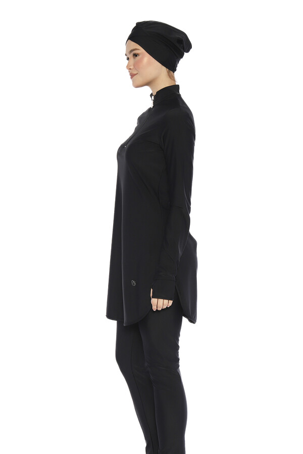 Likralı Yarım Fermuarlı Bilek Geçirme Detay Tam Kapalı Tesettür Mayo 6174 Siyah01 - Thumbnail