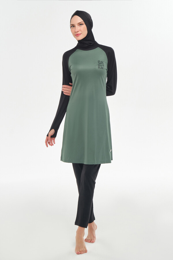 Long Sleeve Full-Cover Swimwear Set in Teal and Black - Thumbnail