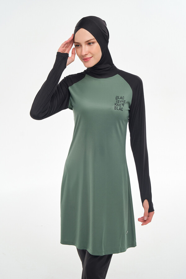 Long Sleeve Full-Cover Swimwear Set in Teal and Black - Thumbnail