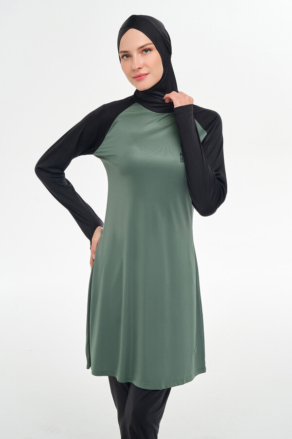 Long Sleeve Full-Cover Swimwear Set in Teal and Black - Thumbnail