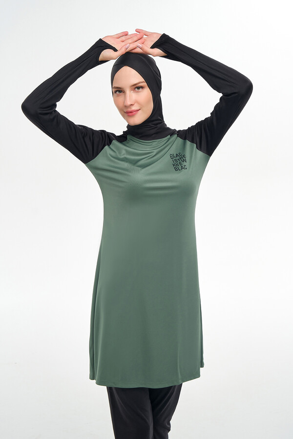 Long Sleeve Full-Cover Swimwear Set in Teal and Black - Thumbnail