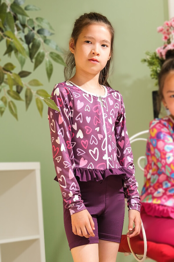 Long Sleeve Shorts Swimsuit Set for Girls 1509 Purple - Thumbnail