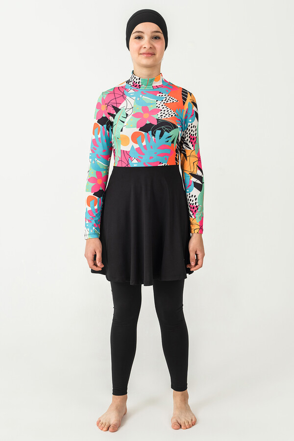 Long-Sleeved Modest Swimsuit with Skirt Bottom - Thumbnail