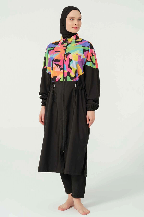 Long Tunic Modest Swimsuit with Abstract Print - Thumbnail