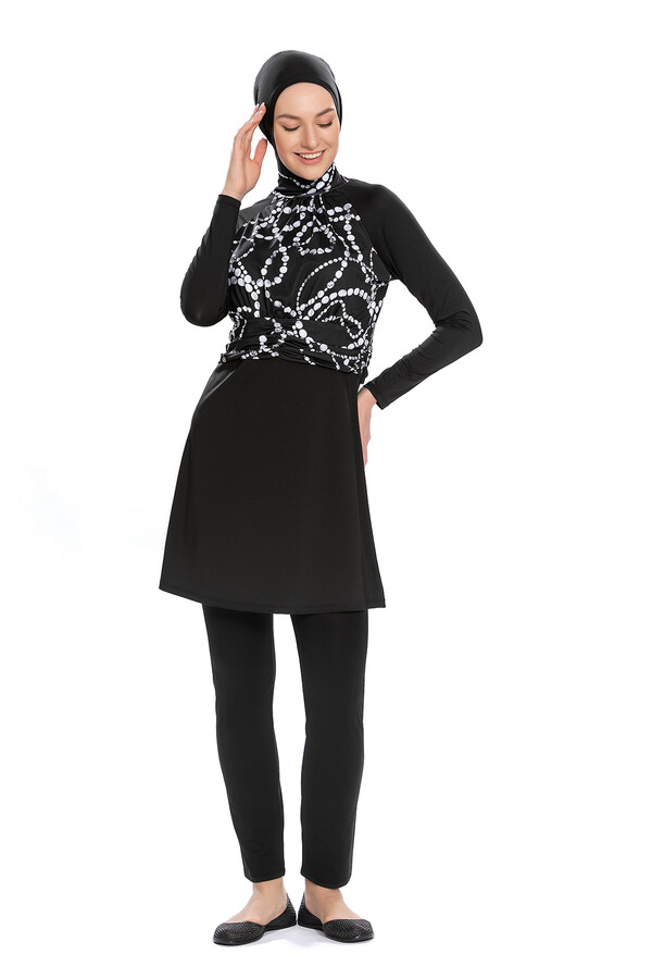 Remsa Swimwear Lycra Fully Covered Hijab Black Swimsuit With White Pattern 259/01 - Thumbnail