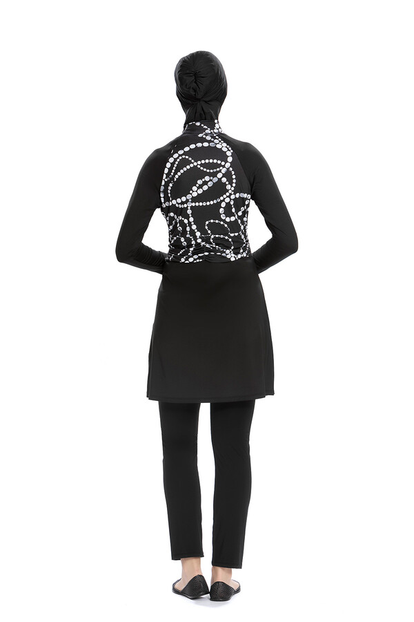 Remsa Swimwear Lycra Fully Covered Hijab Black Swimsuit With White Pattern 259/01 - Thumbnail